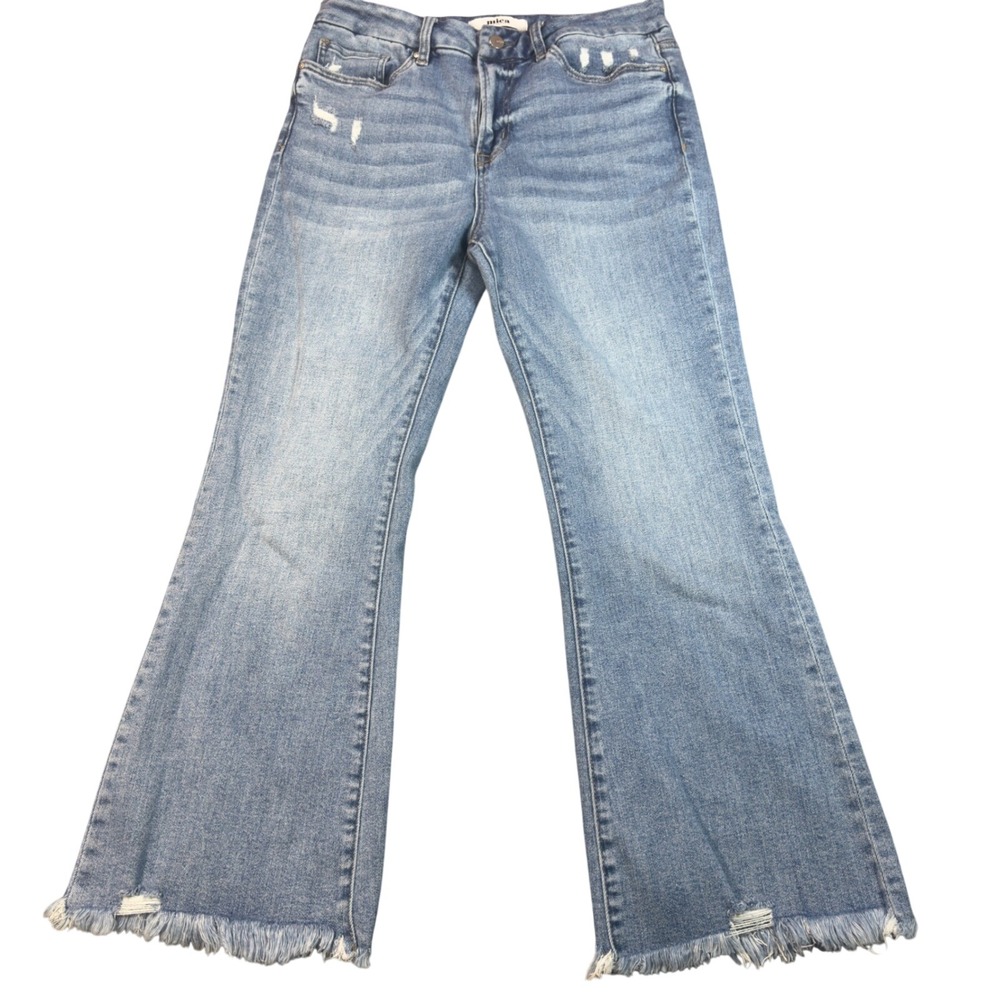 Mica Denim Womens Distressed Frayed Hem Flare Jeans Medium Wash MDP-F149 Size 30